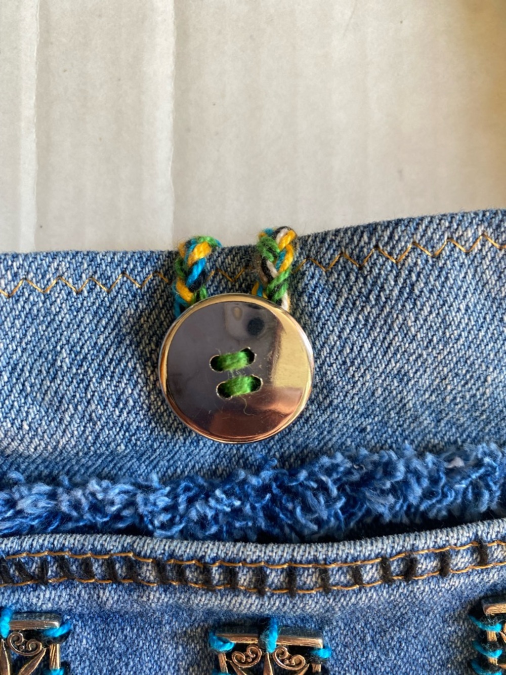 Upcycled Boho Denim Tassel Crossbody Bag with Beads and Embroidery - Picture 6 of 13